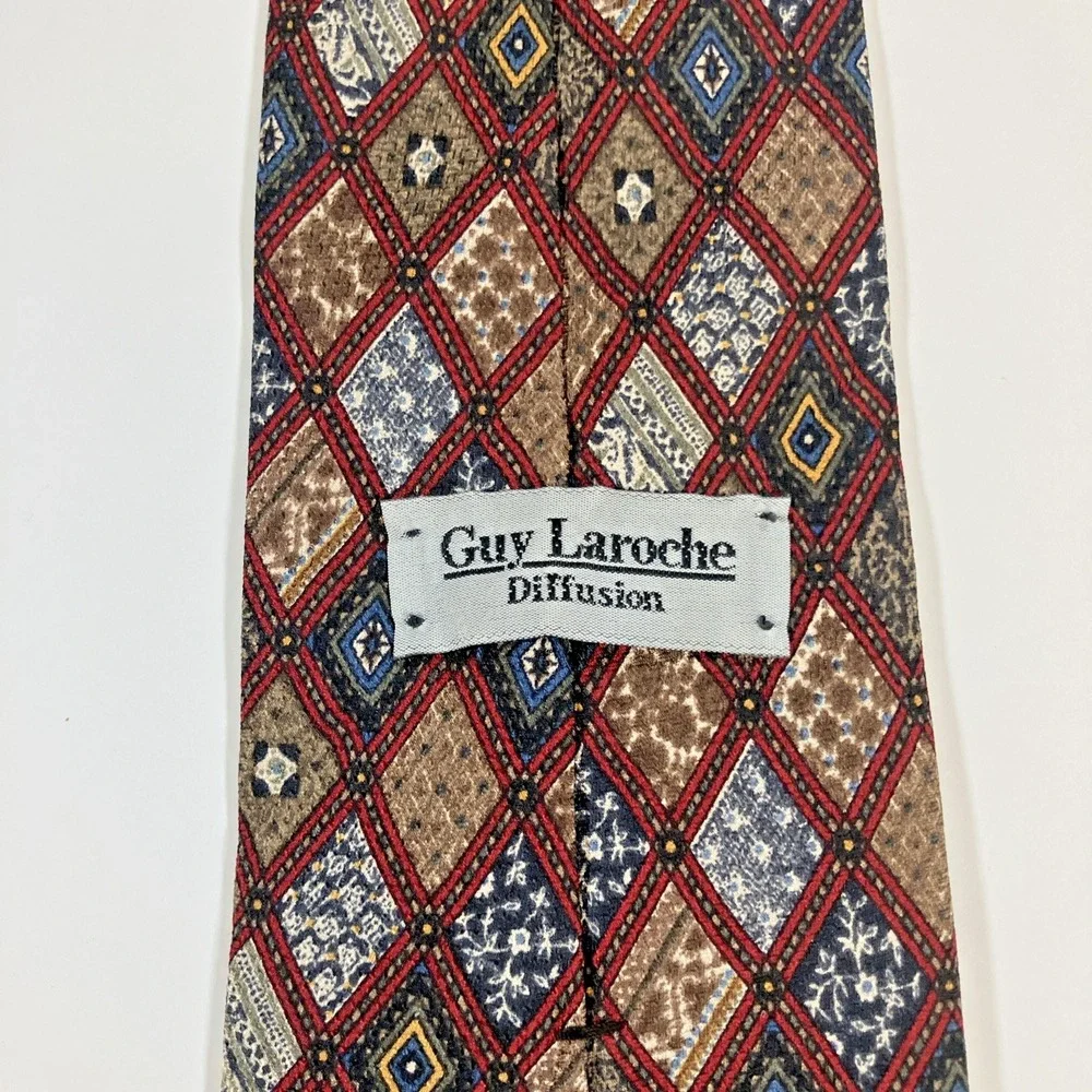 Guy Laroche Diffusion Mens Designer Necktie‎ All Silk Red Multicolor Geometric